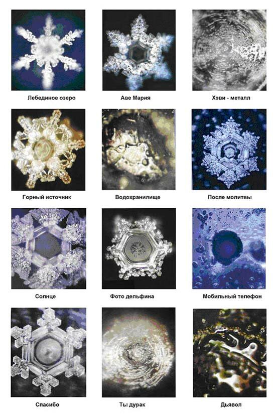 примеры снимков кристаллов воды, полученных Масару Эмото.